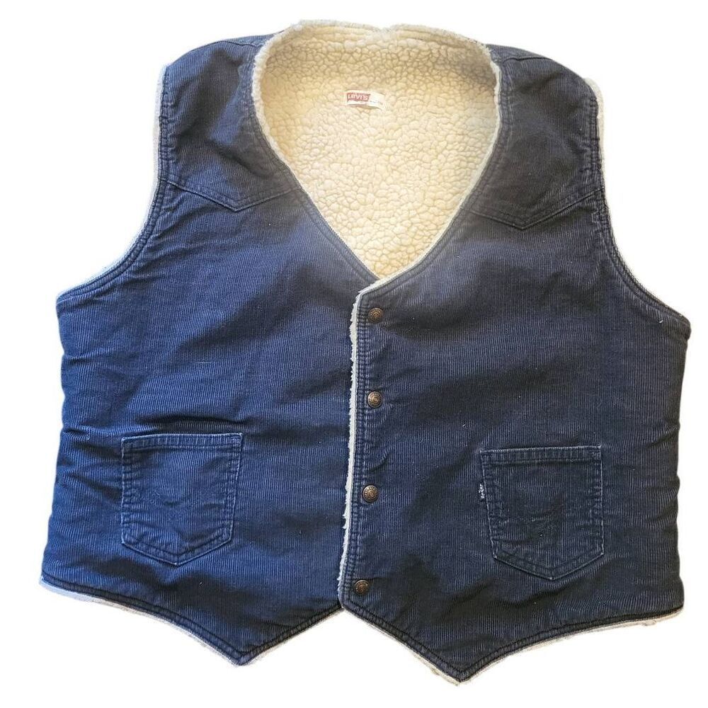 Vintage Levi's Vest Men's XL Blue Western Corduroy Snap Sherpa Lined 70s 80s